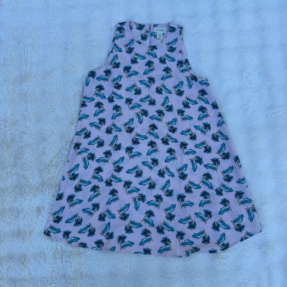 Lucy & Laurel Pink Palm Tree Vintage Car Print Sleeveless Shift Dress Womens M - Picture 3 of 7